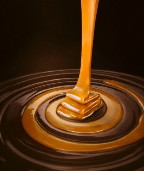 Caramel Sauce Pouring into Swirled Chocolate and Caramel